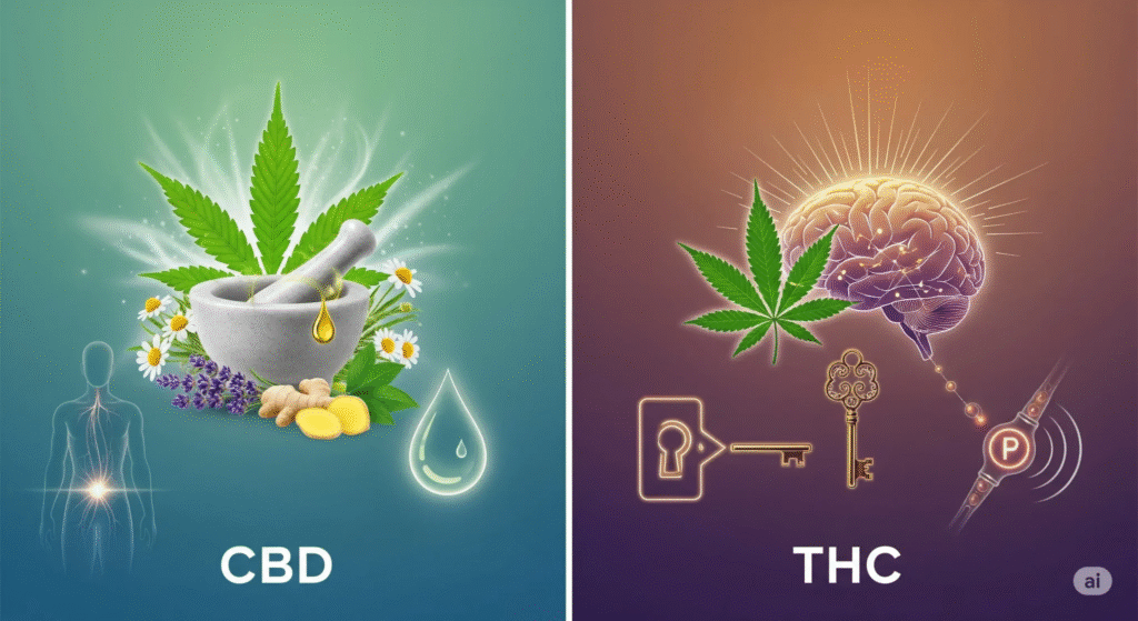 Bilder sida vid sida av THC och CBD som förklarar hur var och en hjälper till med smärtlindring